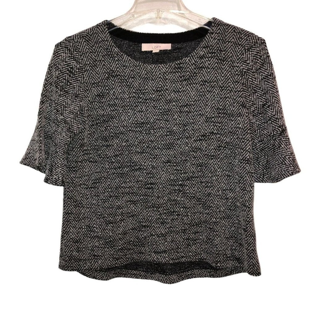 Ann Taylor Loft Womens Small Gray Tweed Short Bell Sleeve Top Shirt Size S
